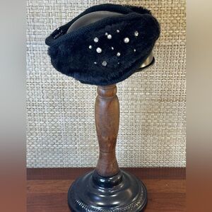 2021 Marcus Adler Bijou Black Faux Fur & Stretch Knit Headband Pearls & Crystals